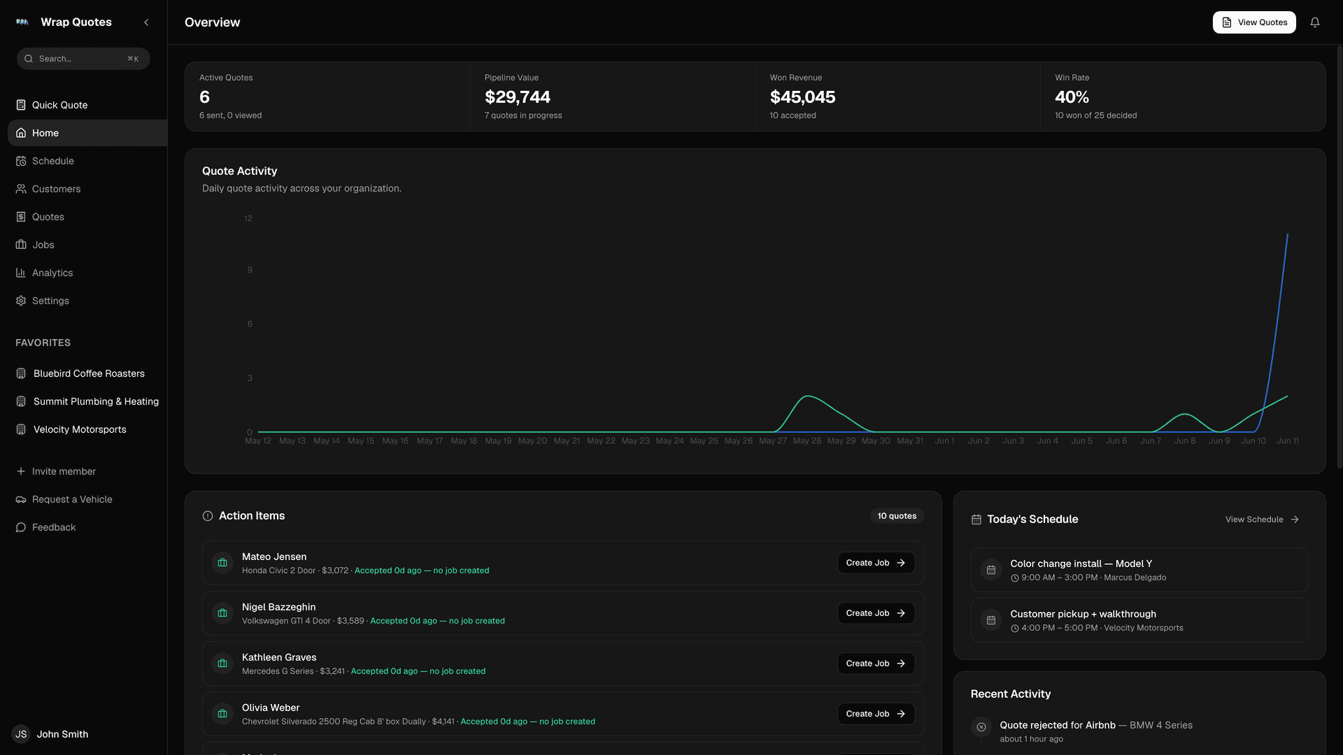 Wrap Quotes dashboard showing vehicle wrap quoting interface